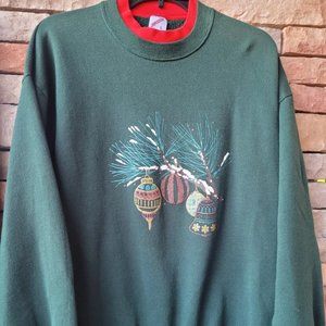 Christmas Sweater Vintage Green Sweatshirt Ornaments Womens Size Large